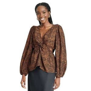 NEW A New Day Balloon Sleeve Twist Front Side Cut Out Top Sz M